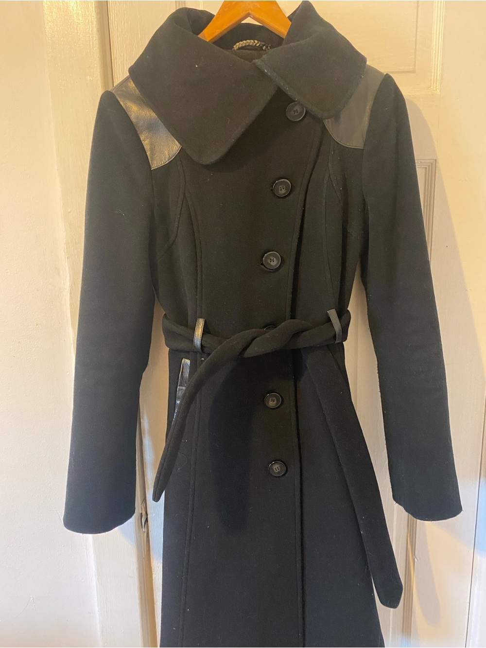 Mackage Knee-length Black Wool Coat with Leather Accents